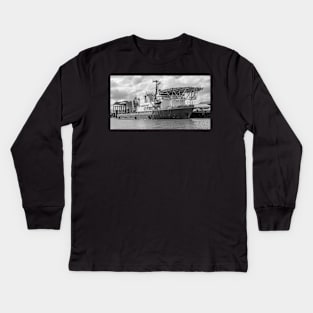 Industrial offshore supply ship moored up in the docks in the seaside town of Great Yarmouth Kids Long Sleeve T-Shirt